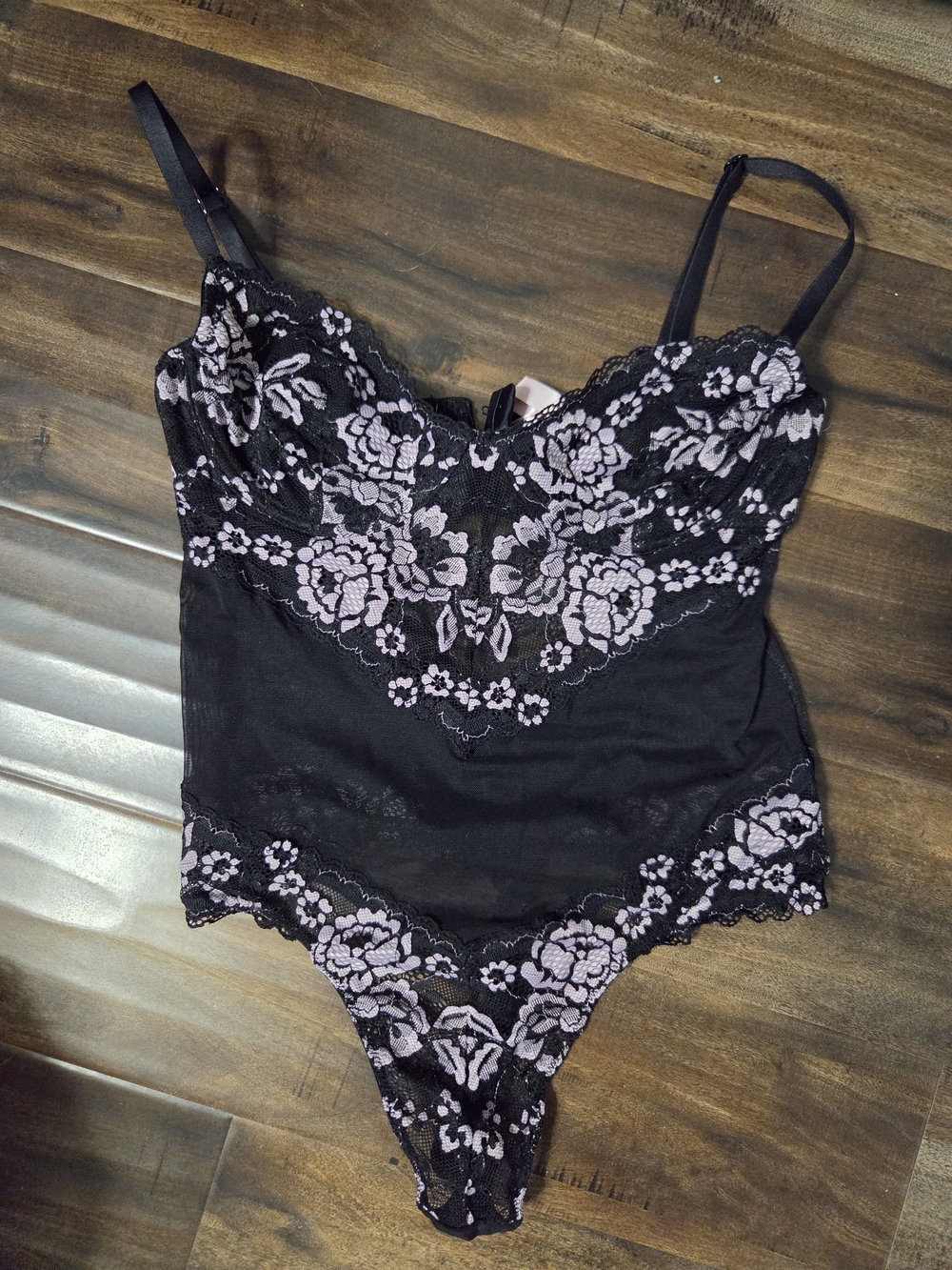La Vie En Rose Black Bodysuit with Lilac Lace Accents